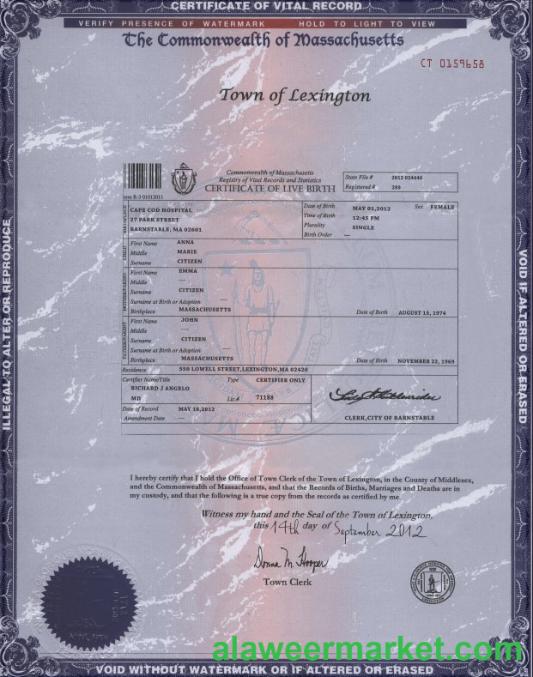 USA Massachusetts state birth certificate template in PSD format